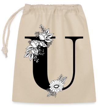 Lettre u floral noir et blanc - Sac cadeau en coton avec cordon (25 x 30 cm) - nature - Devant