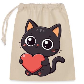 Chat noir kawaii tenant un cœur rouge - Sac cadeau en coton avec cordon (25 x 30 cm) - nature - Devant