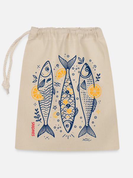 Drei Fische mit Zitrus-Details - Verschließbarer Geschenkbeutel aus Baumwolle (25x30cm) - Natur