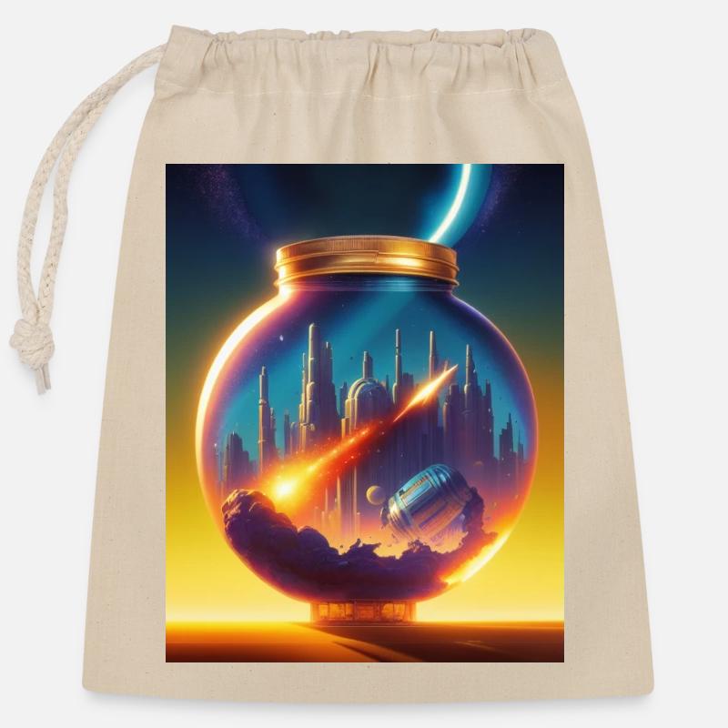 Un monde dans une bouteille - Sac cadeau en coton avec cordon (25 x 30 cm) - nature