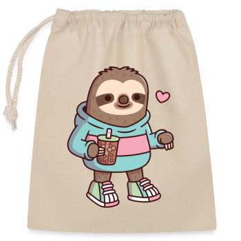 Niedliches Faultier in Kapuzenpulli und Turnschuhen mit Bubble Tea - Verschließbarer Geschenkbeutel aus Baumwolle (25x30cm) - Natur - Vorne