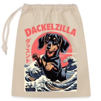Dackelzilla Wellenkaiju - Verschließbarer Geschenkbeutel aus Baumwolle (25x30cm) - Natur - Vorne