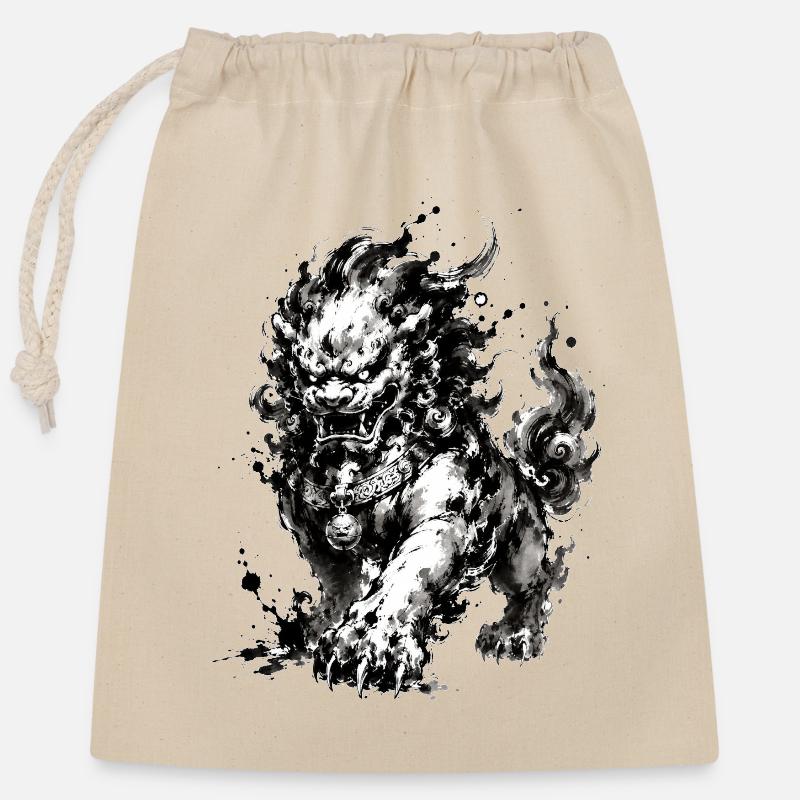 Ink Foo Chien Gardien - Sac cadeau en coton avec cordon (25 x 30 cm) - nature