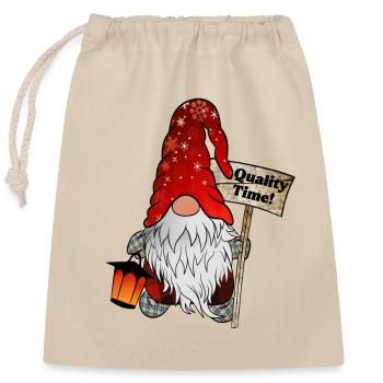 Quality Time Wichtel – Weihnachtsgnom - Verschließbarer Geschenkbeutel aus Baumwolle (25x30cm) - Natur - Vorne