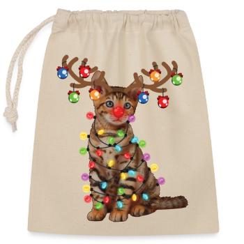 Chat jouet de Noël au chapeau de Père Noël et lumières de Noël - Sac cadeau en coton avec cordon (25 x 30 cm) - nature - Devant