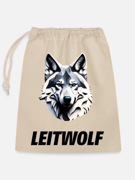 Wolfskopf mit Leitwolf Schriftzug - Verschließbarer Geschenkbeutel aus Baumwolle (25x30cm) - Natur