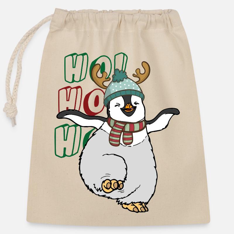 Pingouin de Noël - Sac cadeau en coton avec cordon (25 x 30 cm) - nature