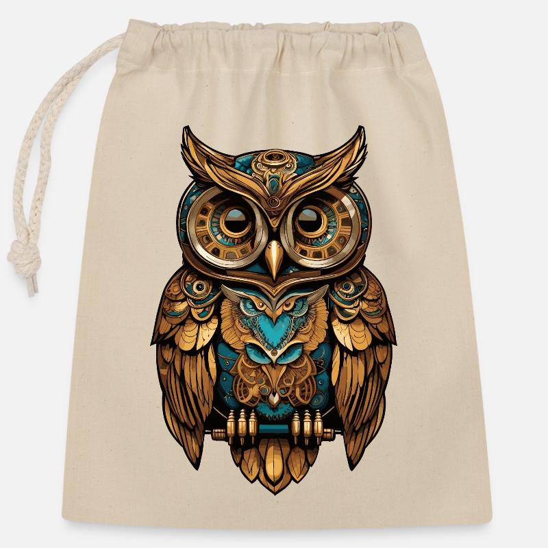 Steampunk Eule - Verschließbarer Geschenkbeutel aus Baumwolle (25x30cm) - Natur