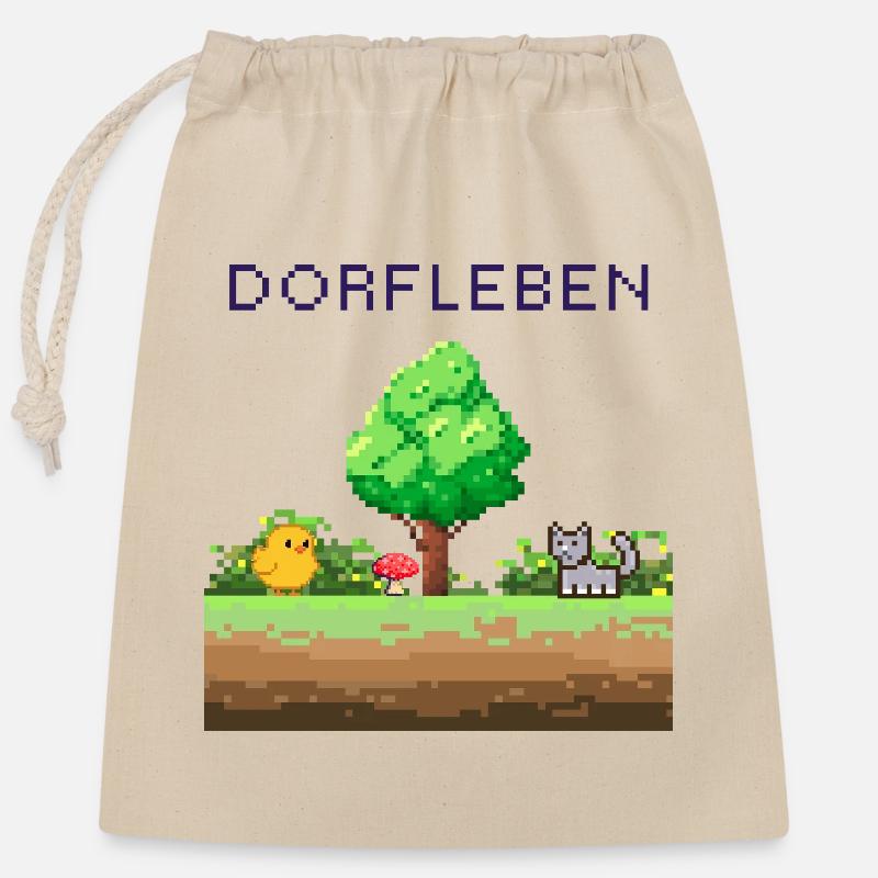 Dörflleben Pixelwelt - Sac cadeau en coton avec cordon (25 x 30 cm) - nature