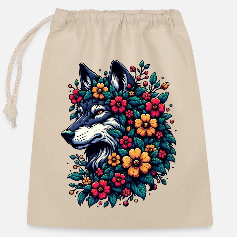 Wolf Mit Blumen Buntes Tiermotiv Grauwolf Blüten - Verschließbarer Geschenkbeutel aus Baumwolle (25x30cm) - Natur