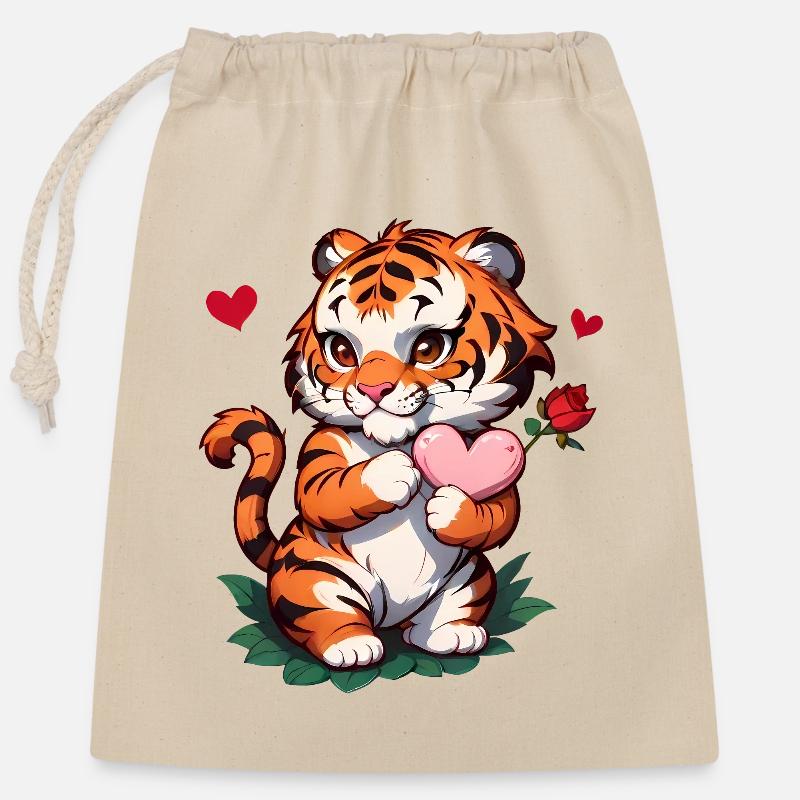Verschenke diesen süßen Tiger zum Valentinstag - Verschließbarer Geschenkbeutel aus Baumwolle (25x30cm) - Natur