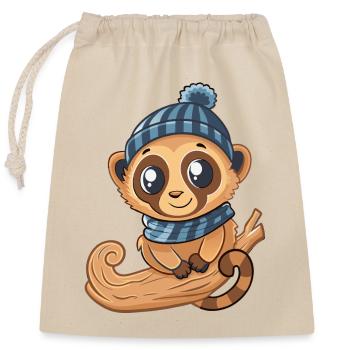 Mignon lémurien avec écharpe et chapeau à pompon. - Sac cadeau en coton avec cordon (25 x 30 cm) - nature - Devant