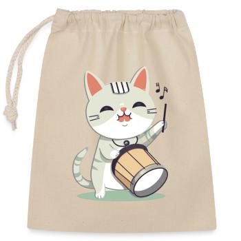 Cute cat with drum - Closable cotton gift bag (25x30cm) - nature - Front
