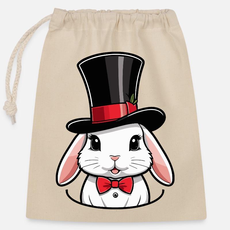 Tête de lapin avec un chapeau et nœud papillon - Sac cadeau en coton avec cordon (25 x 30 cm) - nature
