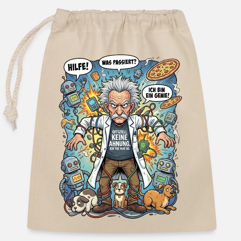 Génie dans le chaos : Einstein et les robots - Sac cadeau en coton avec cordon (25 x 30 cm) - nature
