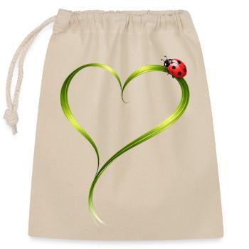 Coccinelle sur cœur en lame d’herbe - Sac cadeau en coton avec cordon (25 x 30 cm) - nature - Devant