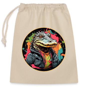Cooler Alligator Krokodil auf Farbklecksen - Verschließbarer Geschenkbeutel aus Baumwolle (25x30cm) - Natur - Vorne