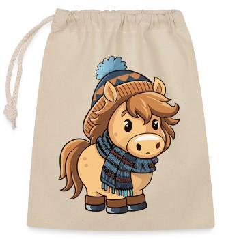Cute pony with scarf and bobble hat. - Closable cotton gift bag (25x30cm) - nature - Front