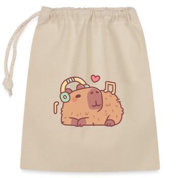 Cute Capybara With Headphones Chilling To Music - Closable cotton gift bag (25x30cm) - nature - Front