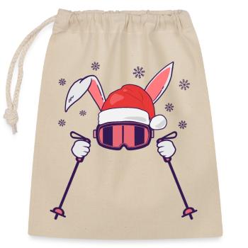 Skiing Santa Rabbit with Santa Hat and ski poles - Closable cotton gift bag (25x30cm) - nature - Front