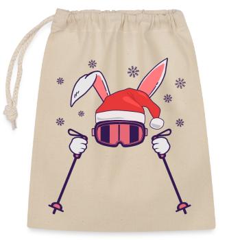 Skiing Santa Rabbit with Santa Hat and ski poles - Closable cotton gift bag (25x30cm) - nature - Front