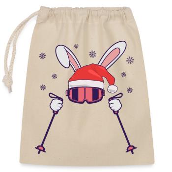 Skiing Santa Rabbit with Santa Hat and ski poles - Closable cotton gift bag (25x30cm) - nature - Front