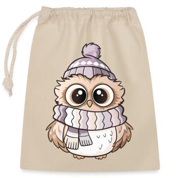 Cute owl with scarf and bobble hat. - Closable cotton gift bag (25x30cm) - nature - Front