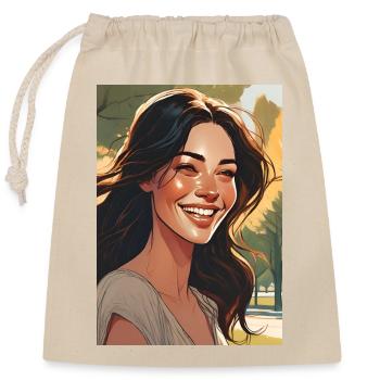 Smiling woman with black brown dark hair - Closable cotton gift bag (25x30cm) - nature - Front