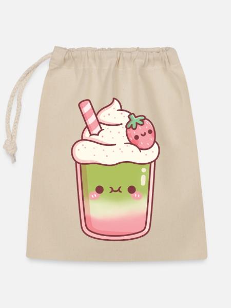 Süßer Eiskaffer Matcha Erdbeer-Latte - Verschließbarer Geschenkbeutel aus Baumwolle (25x30cm) - Natur