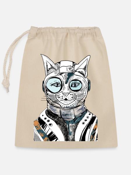 ASTRONAUTEN-KATZE - Verschließbarer Geschenkbeutel aus Baumwolle (25x30cm) - Natur