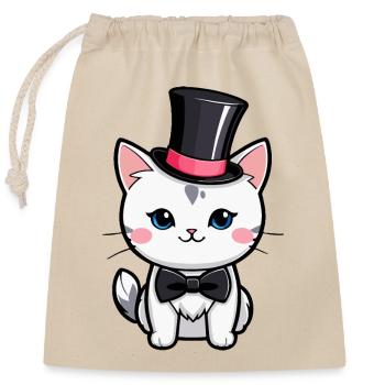 Chat blanc avec un chapeau et nœud papillon - Sac cadeau en coton avec cordon (25 x 30 cm) - nature - Devant