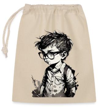 Cartoon Kleiner Junge mit Brille - Verschließbarer Geschenkbeutel aus Baumwolle (25x30cm) - Natur - Vorne