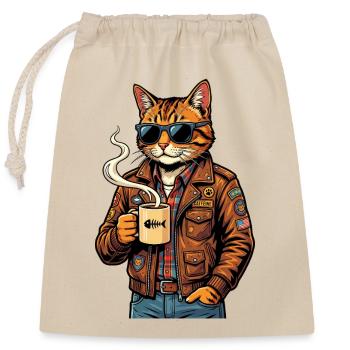 Cat biker with coffee - Closable cotton gift bag (25x30cm) - nature - Front