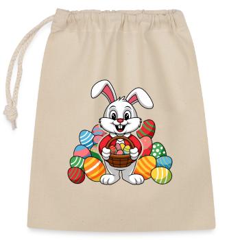 Lustiger Osterhase mit vielen bunten Ostereiern - Verschließbarer Geschenkbeutel aus Baumwolle (25x30cm) - Natur - Vorne