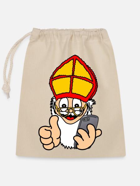 Sinterklaas mit Smartphone - Verschließbarer Geschenkbeutel aus Baumwolle (25x30cm) - Natur