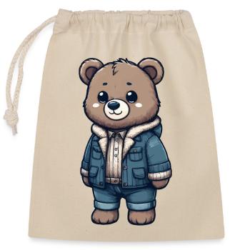 Cute teddy bear with denim jacket - Closable cotton gift bag (25x30cm) - nature - Front