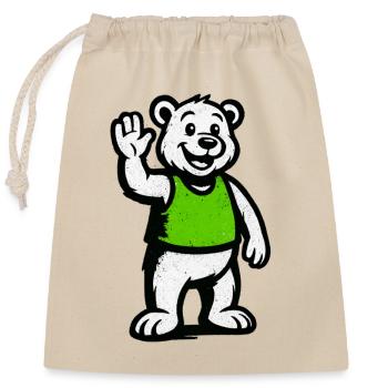 Mascotte : Ours agitant la main en chemise verte - Sac cadeau en coton avec cordon (25 x 30 cm) - nature - Devant