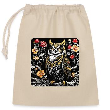Hibou avec des vrilles de pétales de rose en aspect gravure sur bois - Sac cadeau en coton avec cordon (25 x 30 cm) - nature - Devant