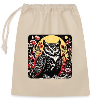 Hibou avec des vrilles de pétales de rose en aspect gravure sur bois - Sac cadeau en coton avec cordon (25 x 30 cm) - nature - Devant