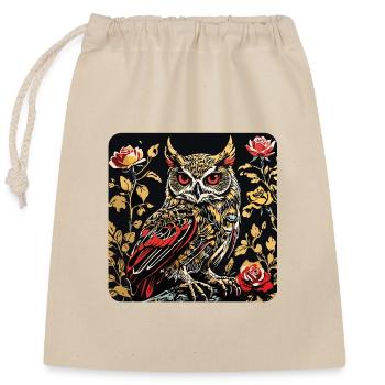 Hibou avec des vrilles de pétales de rose en aspect gravure sur bois - Sac cadeau en coton avec cordon (25 x 30 cm) - nature - Devant