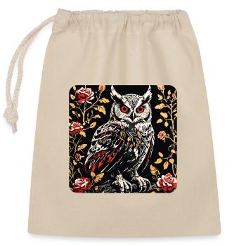 Hibou avec des vrilles de pétales de rose en aspect gravure sur bois - Sac cadeau en coton avec cordon (25 x 30 cm) - nature - Devant