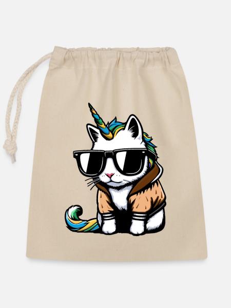 Chat-licorne - Sac cadeau en coton avec cordon (25 x 30 cm) - nature