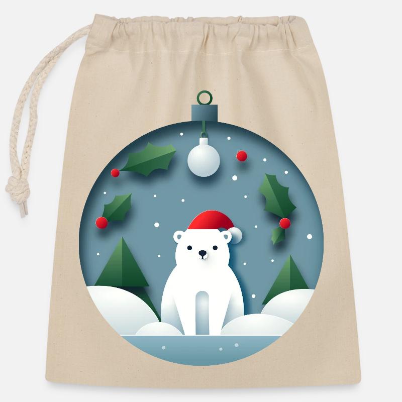 Ours polaire dans la boule de Noël - Sac cadeau en coton avec cordon (25 x 30 cm) - nature