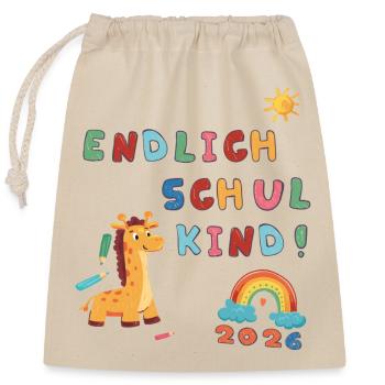 Endlich Schulkind 2026  - Verschließbarer Geschenkbeutel aus Baumwolle (25x30cm) - Natur - Vorne
