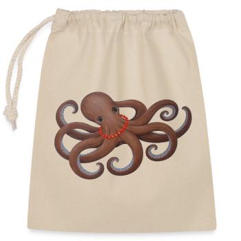 Oktopus mit roter Liebesperle - Verschließbarer Geschenkbeutel aus Baumwolle (25x30cm) - Natur - Vorne