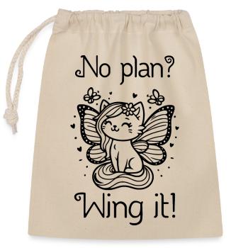 No plan? Wing it! Geflügelte Katze (schwarz) - Verschließbarer Geschenkbeutel aus Baumwolle (25x30cm) - Natur - Vorne