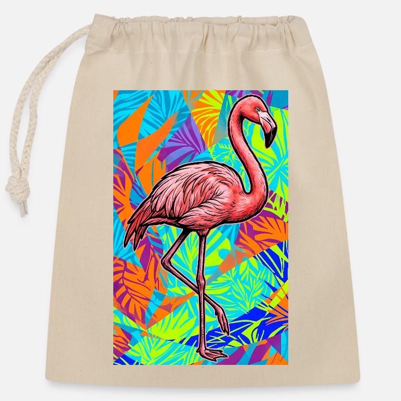 Flamingo - Verschließbarer Geschenkbeutel aus Baumwolle (25x30cm) - Natur