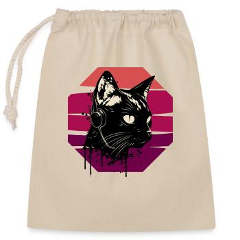 Cat Wearing Headphones | cat wearing earphones - Closable cotton gift bag (25x30cm) - nature - Front