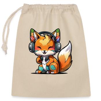 Kawaii Süßer Fröhlicher Bunter Fuchs mit Kopfhörern - Verschließbarer Geschenkbeutel aus Baumwolle (25x30cm) - Natur - Vorne