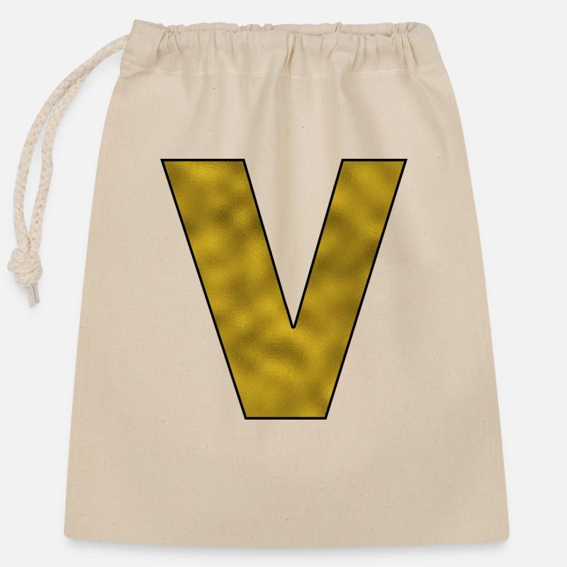 Buchstabe V Gold - Verschließbarer Geschenkbeutel aus Baumwolle (25x30cm) - Natur